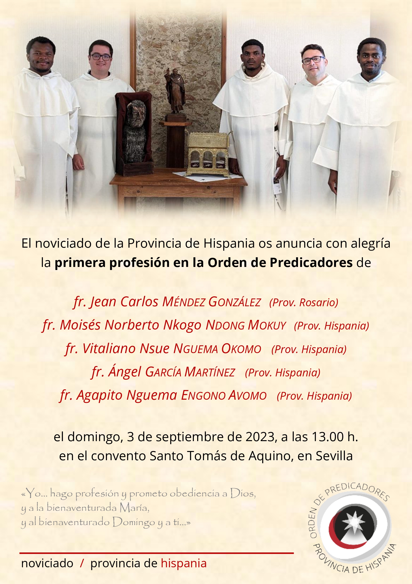 Invitación a la primera profesión del Hermano Jean Carlos en España Inbox
